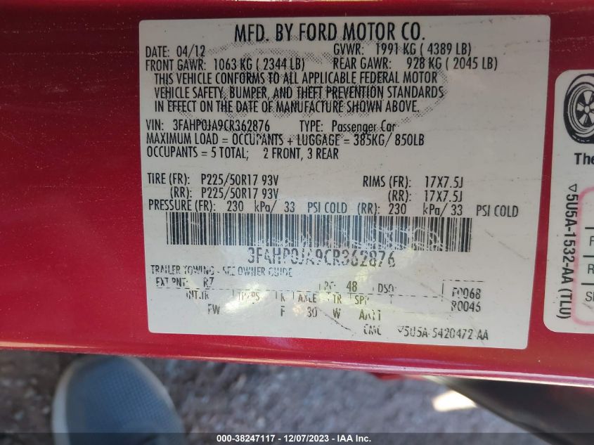 3FAHP0JA9CR362876 2012 Ford Fusion Sel