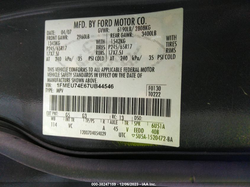 1FMEU74E67UB44546 2007 Ford Explorer Eddie Bauer