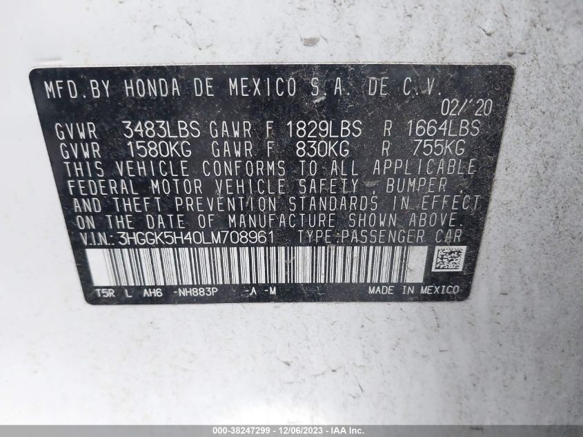 2020 Honda Fit Lx VIN: 3HGGK5H40LM708961 Lot: 38247299
