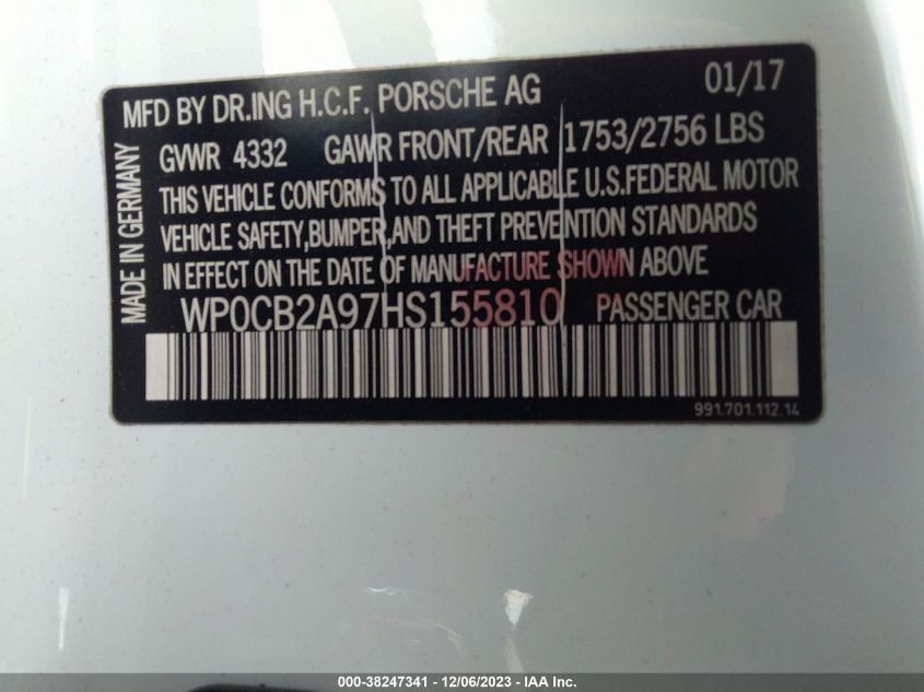 2017 Porsche 911 Carrera S VIN: WP0CB2A97HS155810 Lot: 38247341