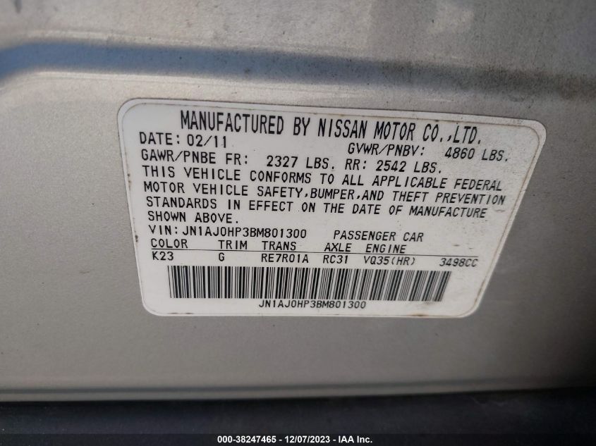 2011 Infiniti Ex35 Journey VIN: JN1AJ0HP3BM801300 Lot: 38247465