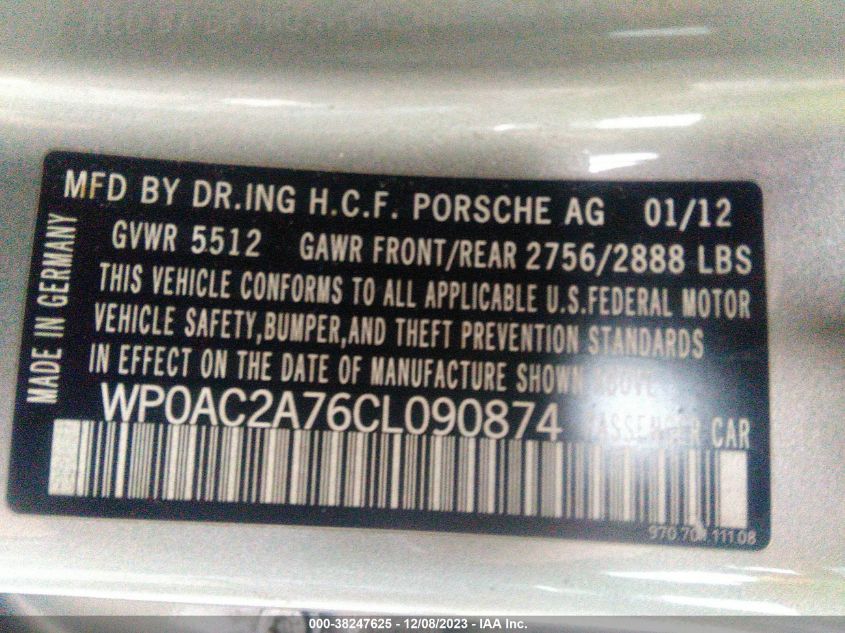 2012 Porsche Panamera Turbo VIN: WP0AC2A76CL090874 Lot: 38247625