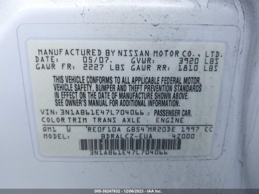 2007 Nissan Sentra 2.0 VIN: 3N1AB61E47L704066 Lot: 38247632