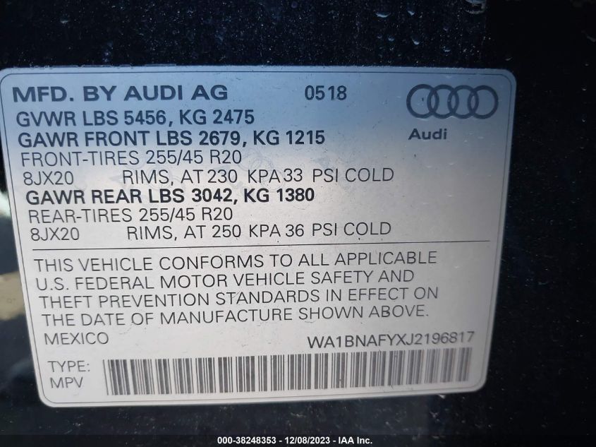 2018 Audi Q5 VIN: WA1BNAFYXJ2196817 Lot: 38248353