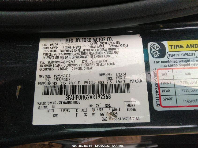 3FAHP0HG2AR192268 2010 Ford Fusion Se