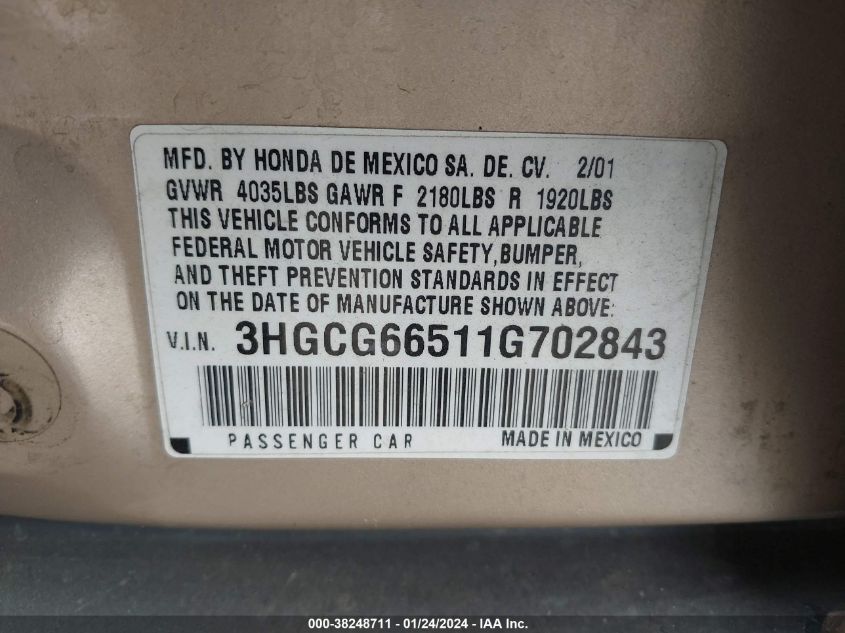 3HGCG66511G702843 2001 Honda Accord Sdn Lx