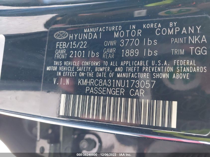 2022 Hyundai Venue Sel VIN: KMHRC8A31NU173057 Lot: 38248800