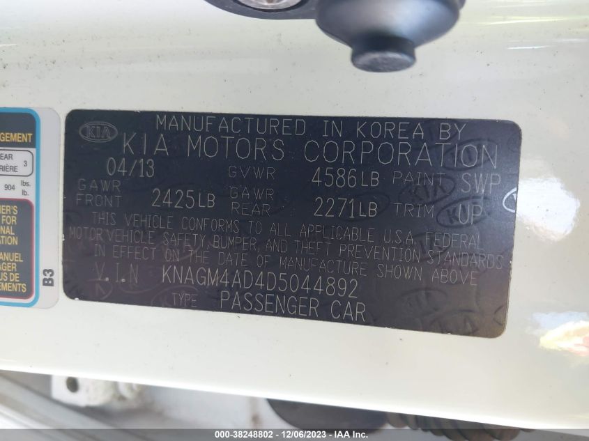 KNAGM4AD4D5044892 2013 Kia Optima Hybrid Lx