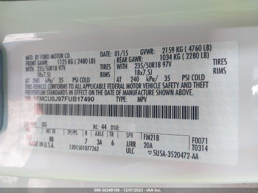 1FMCU0J97FUB17490 2015 Ford Escape Titanium