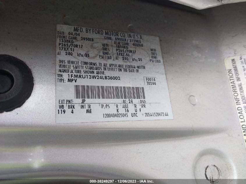 2004 Ford Expedition Xls VIN: 1FMRU13W24LB36003 Lot: 38249297