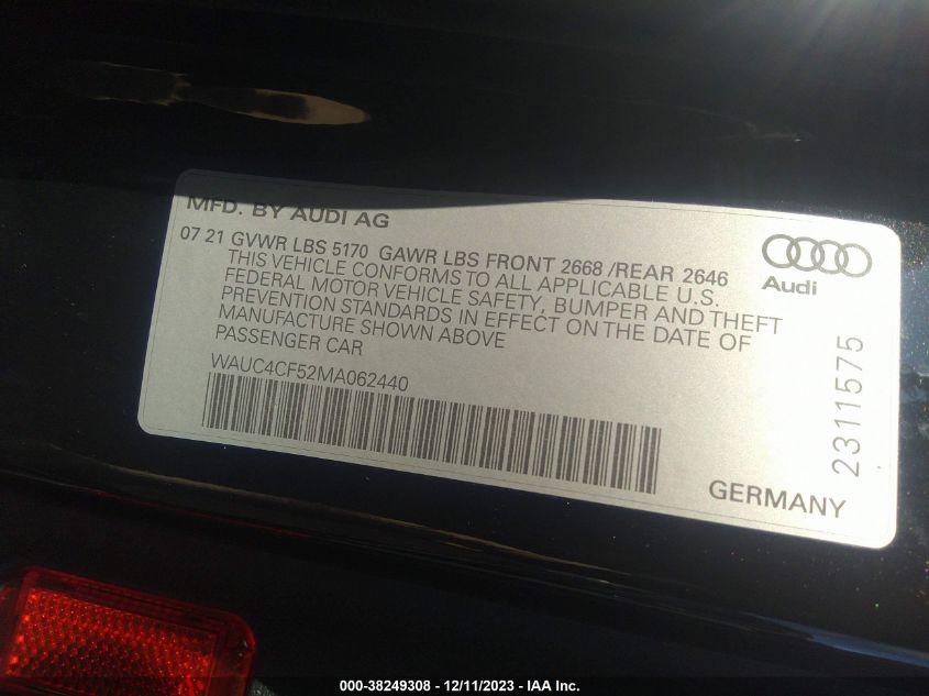 2021 Audi S5 Sportback Premium Plus Tfsi Quattro Tiptronic VIN: WAUC4CF52MA062440 Lot: 38249308