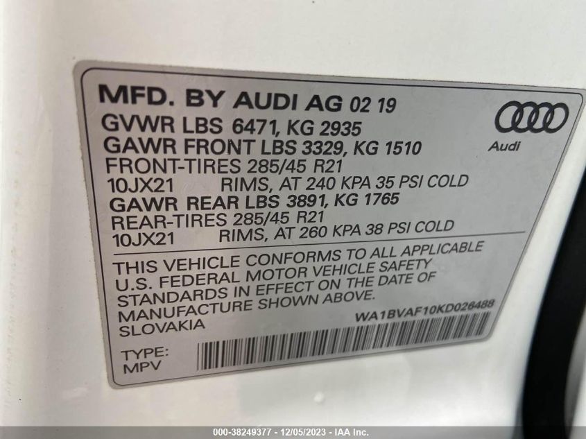 WA1BVAF10KD026488 2019 Audi Q8 Premium Plus