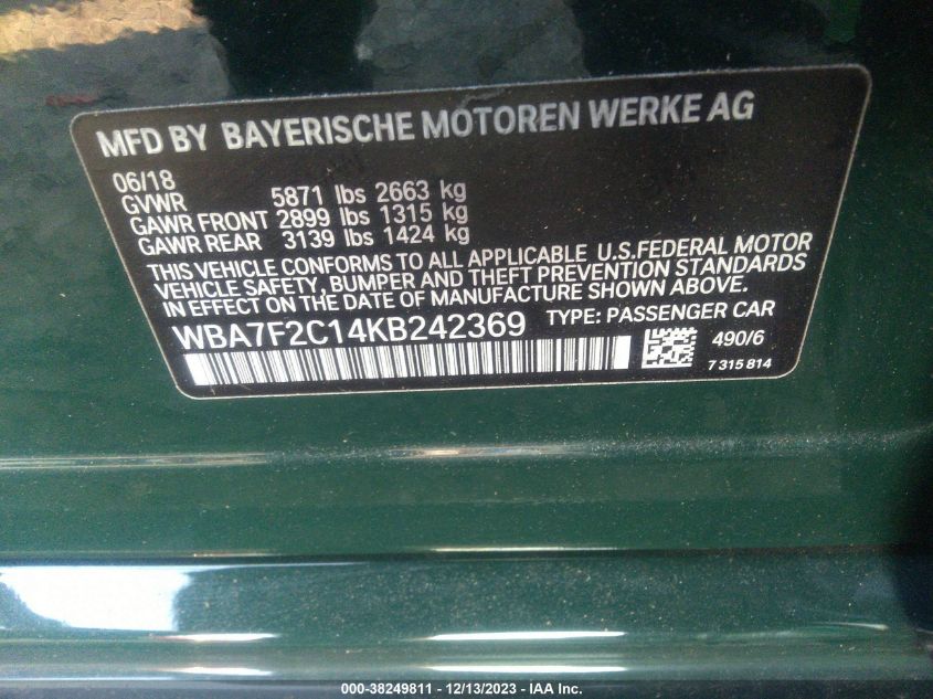 WBA7F2C14KB242369 2019 BMW 750I xDrive