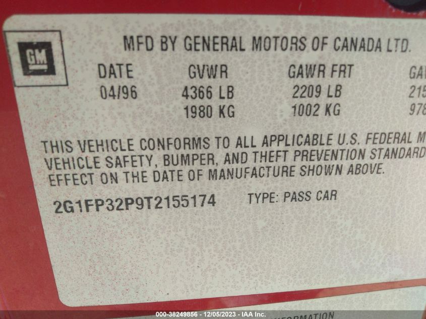 1996 Chevrolet Camaro Z28 VIN: 2G1FP32P9T2155174 Lot: 38249856