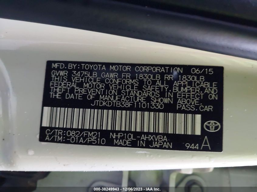 JTDKDTB38F1101330 2015 Toyota Prius C Two