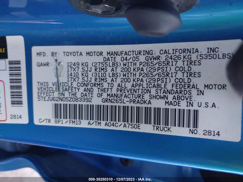 5TEJU62N05Z083392 2005 Toyota Tacoma Prerunner V6