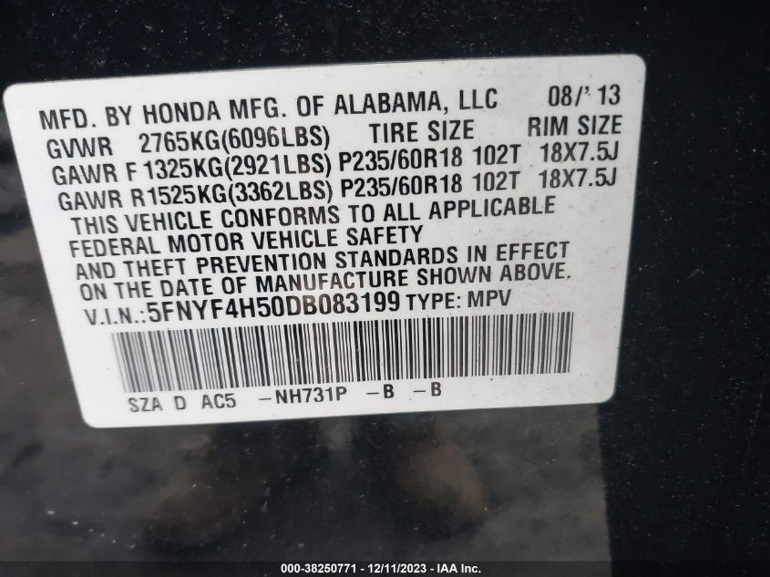 2013 Honda Pilot Ex-L VIN: 5FNYF4H50DB083199 Lot: 38250771