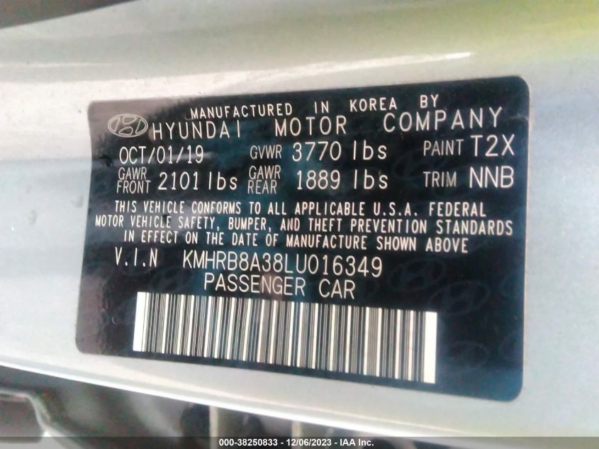 2020 Hyundai Venue Se VIN: KMHRB8A38LU016349 Lot: 38250833