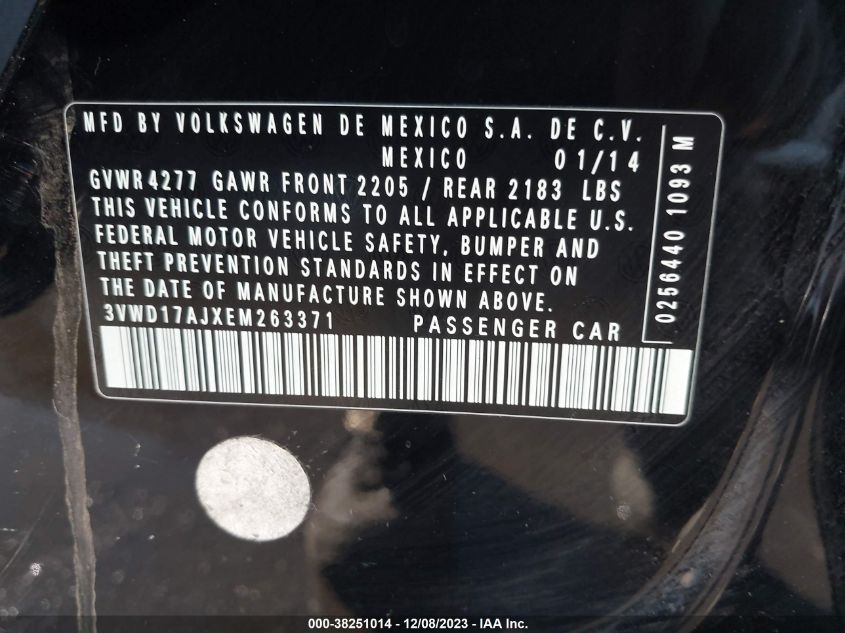 2014 Volkswagen Jetta 1.8T Se VIN: 3VWD17AJXEM263371 Lot: 38251014