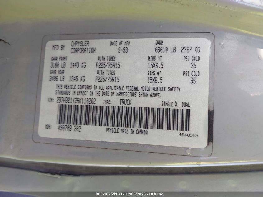 1994 Dodge Ram Van B250 VIN: 2B7HB21Y2RK110282 Lot: 38251130