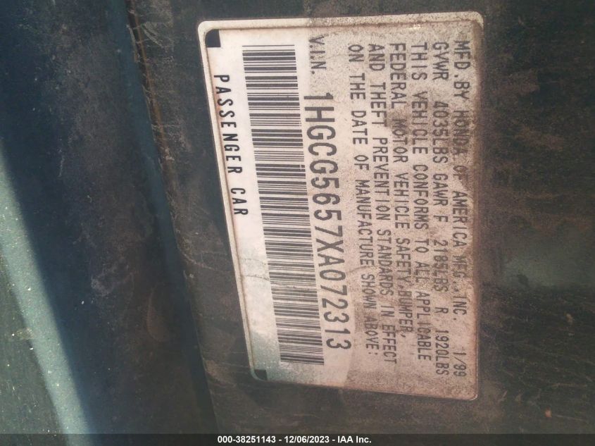 1999 Honda Accord Ex VIN: 1HGCG5657XA072313 Lot: 38251143