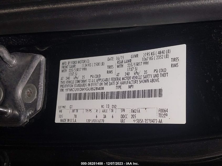 1FMCU9G90GUB28408 2016 Ford Escape Se