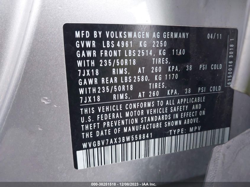 WVGBV7AX3BW558841 2011 Volkswagen Tiguan Sel