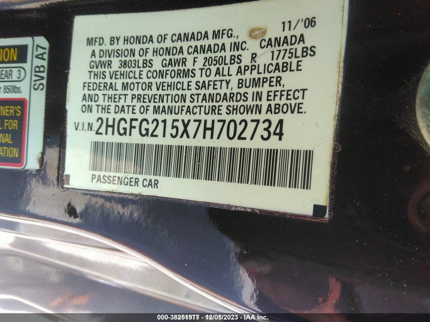 2007 Honda Civic Si VIN: 2HGFG215X7H702734 Lot: 38251977