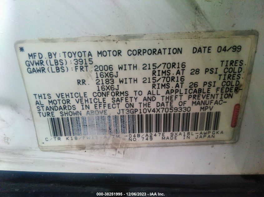 1999 Toyota Rav4 VIN: JT3GP10V4X7059330 Lot: 38251995