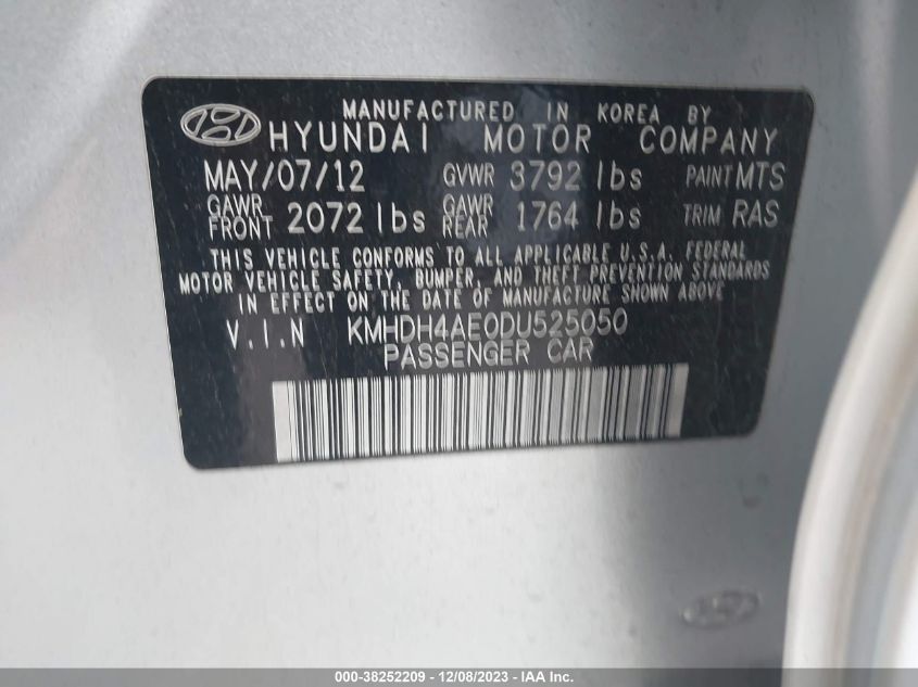 2013 Hyundai Elantra Limited Ulsan Plant VIN: KMHDH4AE0DU525050 Lot: 38252209