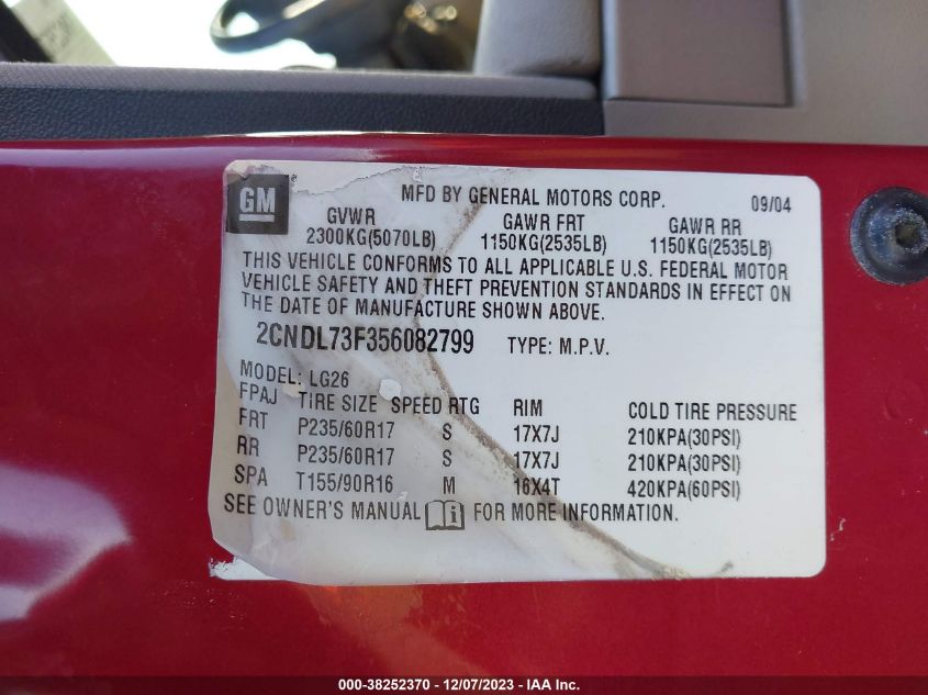 2005 Chevrolet Equinox Lt VIN: 2CNDL73F356082799 Lot: 38252370