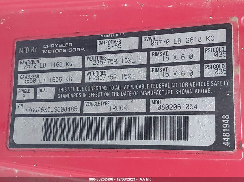 1990 Dodge Dakota VIN: 1B7GG26X5LS608485 Lot: 38252496