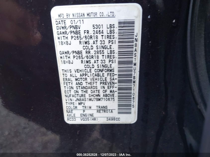 2011 Infiniti Fx35 VIN: JN8AS1MU7BM710675 Lot: 38252528