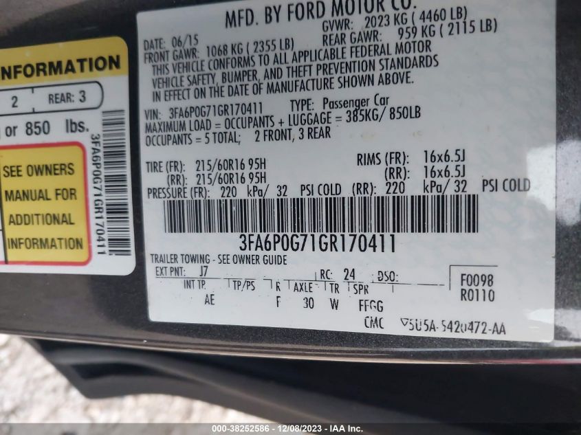 3FA6P0G71GR170411 2016 Ford Fusion S