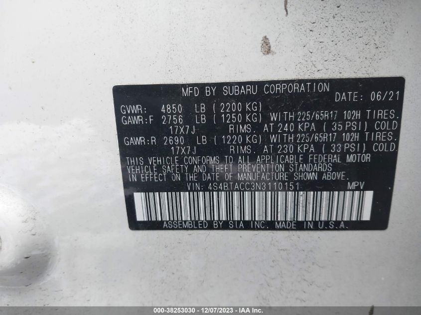 2022 Subaru Outback Premium VIN: 4S4BTACC3N3110151 Lot: 38253030