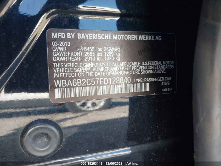 2014 BMW 650I Gran Coupe 650I VIN: WBA6B2C57ED128840 Lot: 38253148