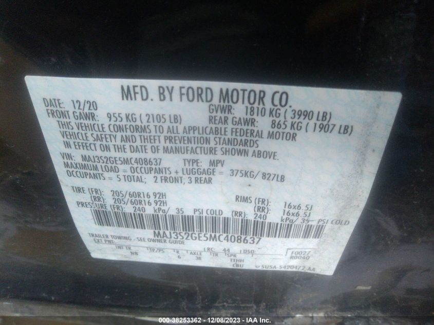 MAJ3S2GE5MC408637 2021 Ford Ecosport Se