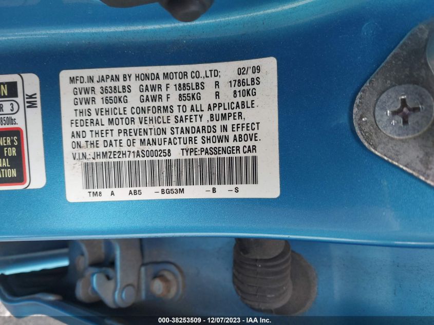 2010 Honda Insight Ex VIN: JHMZE2H71AS000258 Lot: 38253509