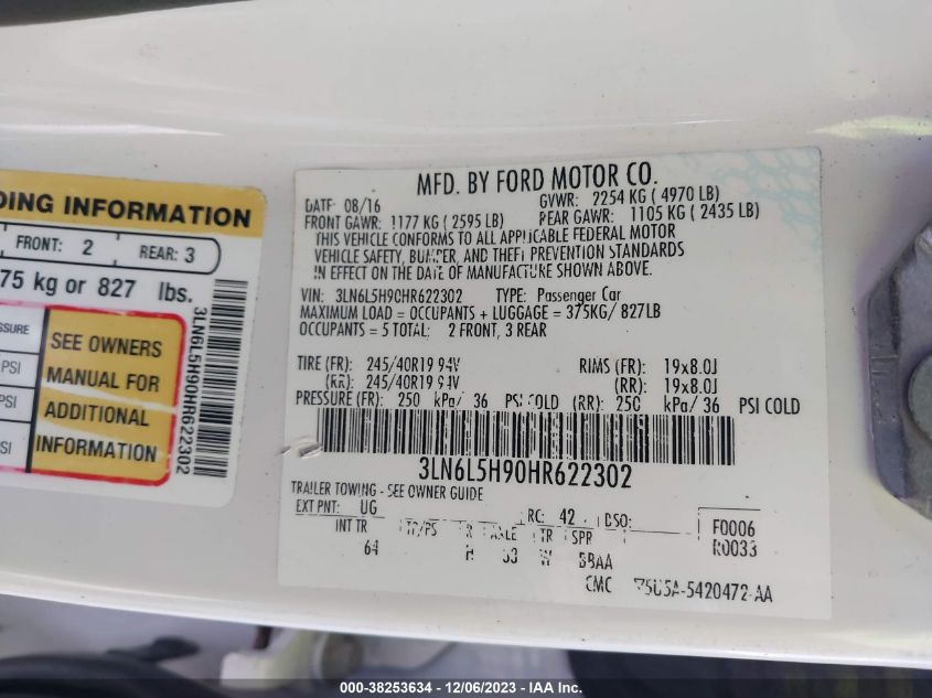 2017 Lincoln Mkz Black Label VIN: 3LN6L5H90HR622302 Lot: 38253634