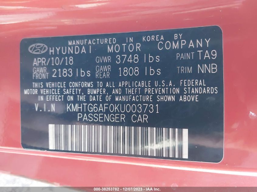 2019 Hyundai Veloster 2.0 Premium VIN: KMHTG6AF0KU003731 Lot: 38253782