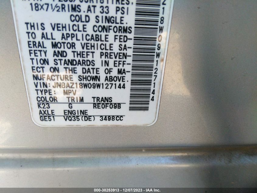 2009 Nissan Murano S VIN: JN8AZ18W09W127144 Lot: 38253913