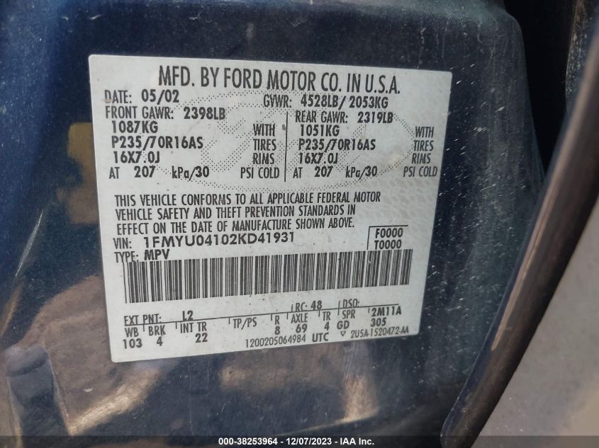 2002 Ford Escape Xlt Choice/Xlt Midnight/Xlt Premium/Xlt Sport VIN: 1FMYU04102KD41931 Lot: 38253964