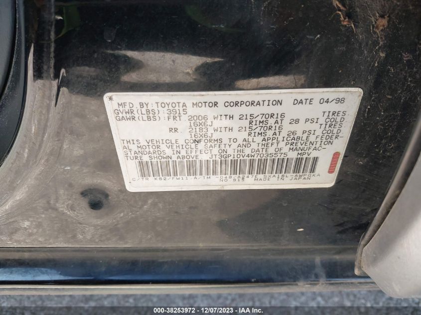 1998 Toyota Rav4 VIN: JT3GP10V4W7035575 Lot: 38253972