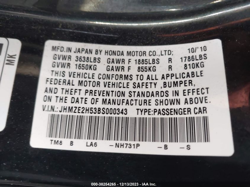 2011 Honda Insight Lx VIN: JHMZE2H53BS000343 Lot: 38254265