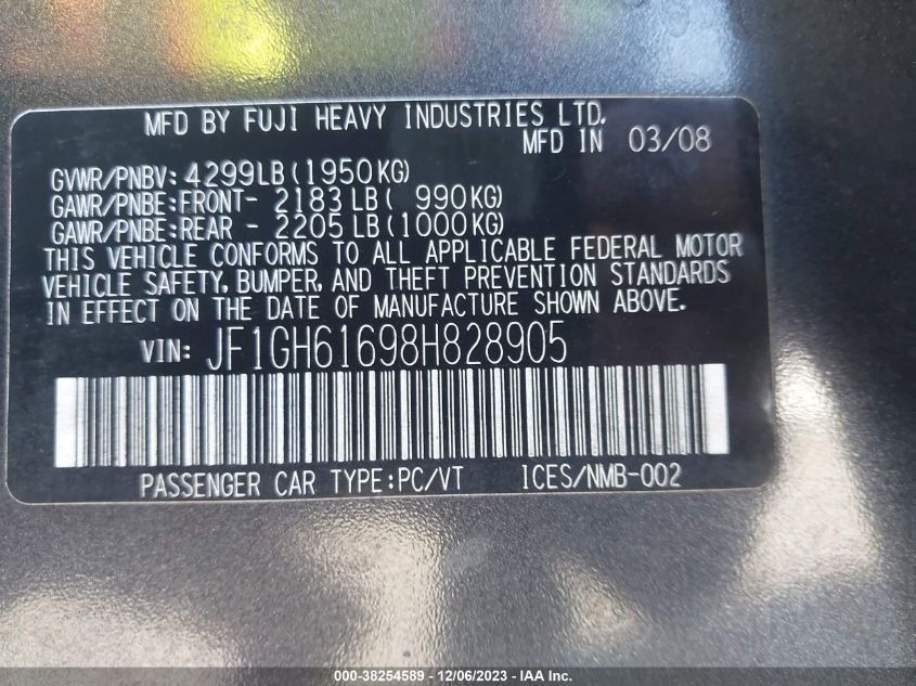2008 Subaru Impreza 2.5I VIN: JF1GH61698H828905 Lot: 38254589