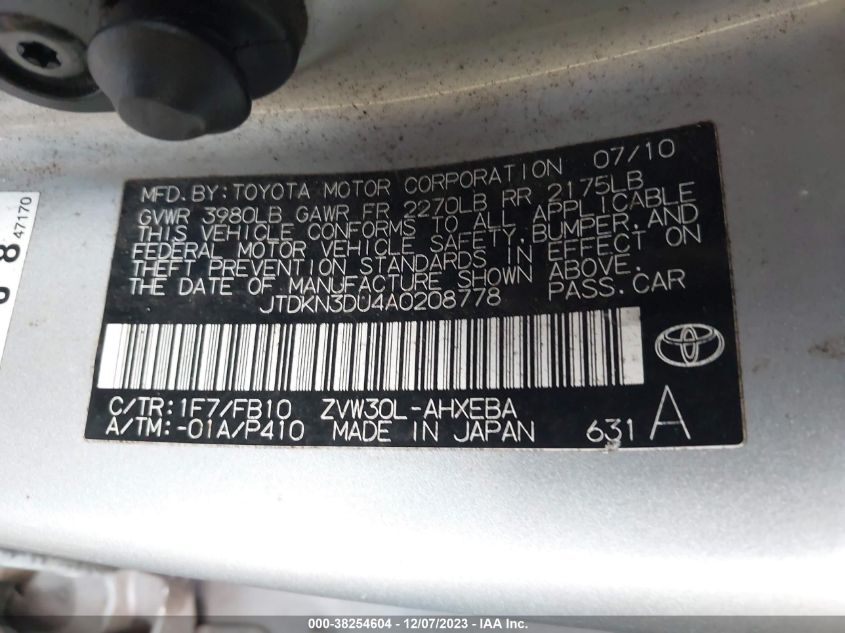 2010 Toyota Prius Ii VIN: JTDKN3DU4A0208778 Lot: 40896545