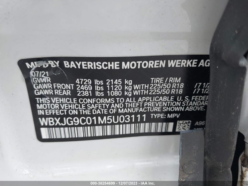 2021 BMW X1 xDrive28I VIN: WBXJG9C01M5U03111 Lot: 38254699