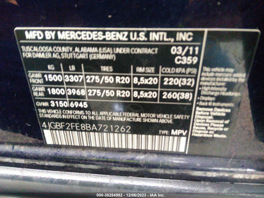 2011 Mercedes-Benz Gl 350 Bluetec 4Matic VIN: 4JGBF2FE8BA721262 Lot: 38254992