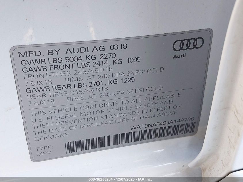 2018 Audi A4 Allroad 2.0T Premium VIN: WA19NAF49JA148730 Lot: 38255284