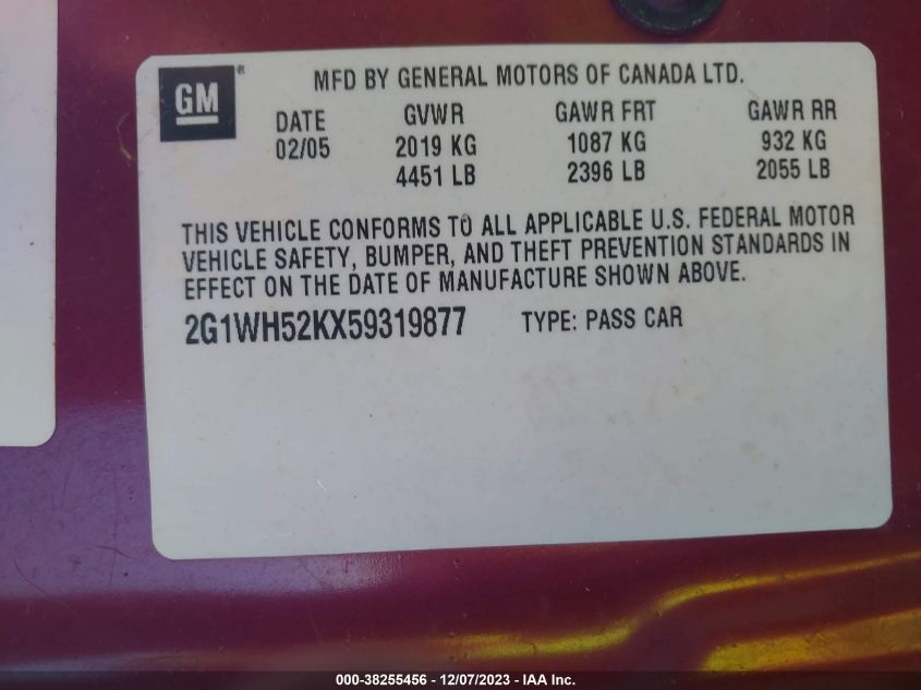 2005 Chevrolet Impala Ls VIN: 2G1WH52KX59319877 Lot: 38255456